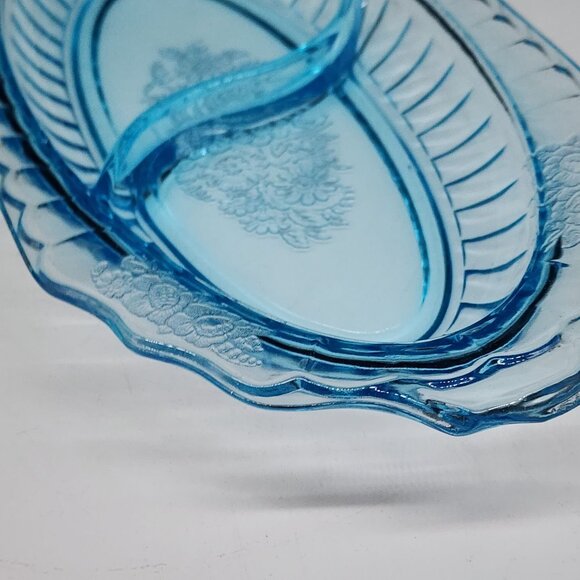 Vintage Anchor Hocking Blue Mayfair Open Rose Divided Relish Dish Oval - Picture 4 of 10